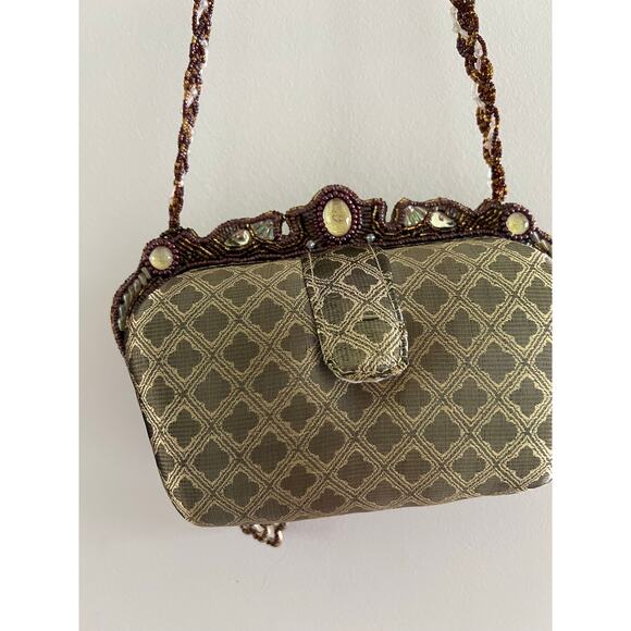 Mary Frances Green & Gold Floral Beaded Hard Case Hand Bag Purse Embellished JL - Picture 8 of 16